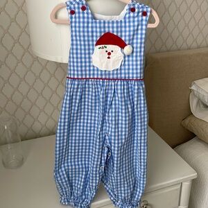 Blue Gingham Kids Overalls with Santa Design